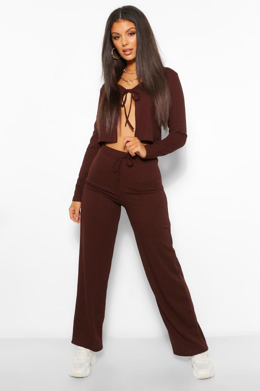 Chocolate Tie Front Rib Cardigan and Trouser Co-ord Set image number 1