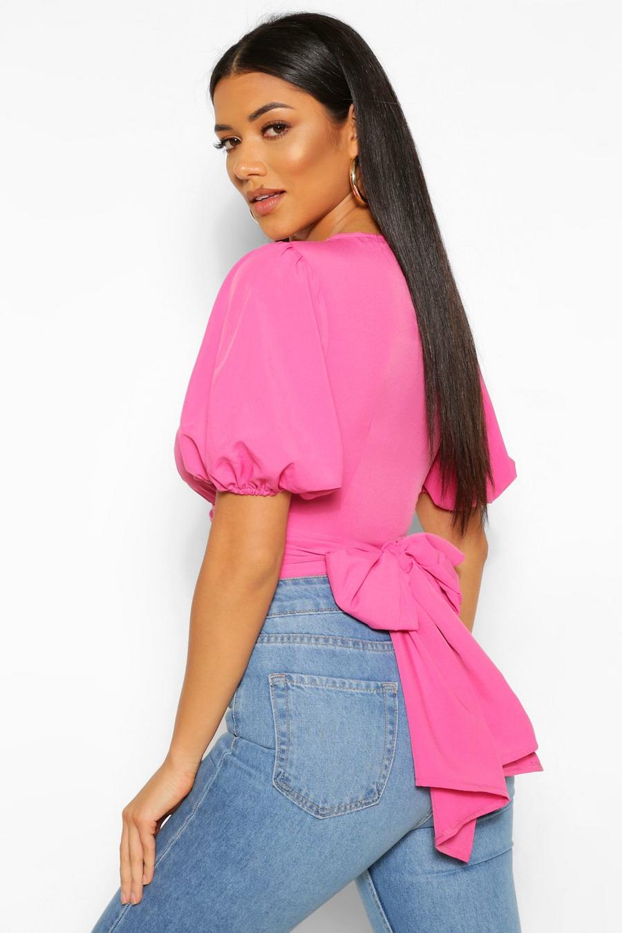 Hot pink Wrap Tie Back Puff Sleeve Woven Blouse image number 1