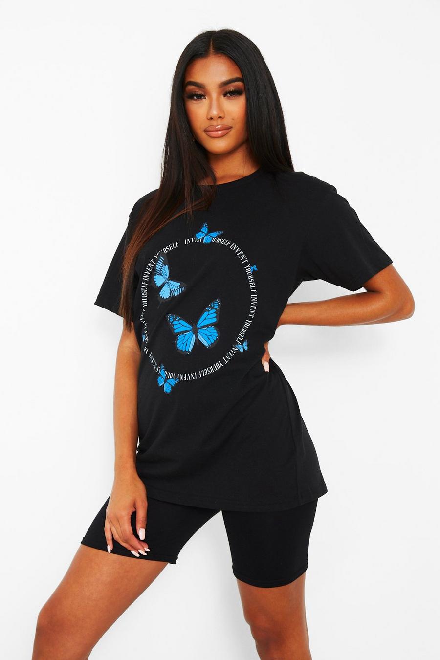 Black T-shirt med slogan och fjärilar image number 1