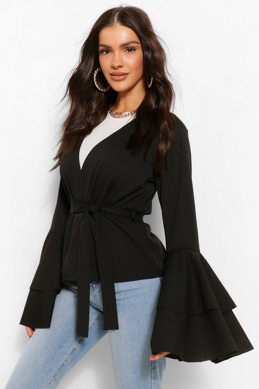 Black Tiered Sleeve Belted Kimono image number 1