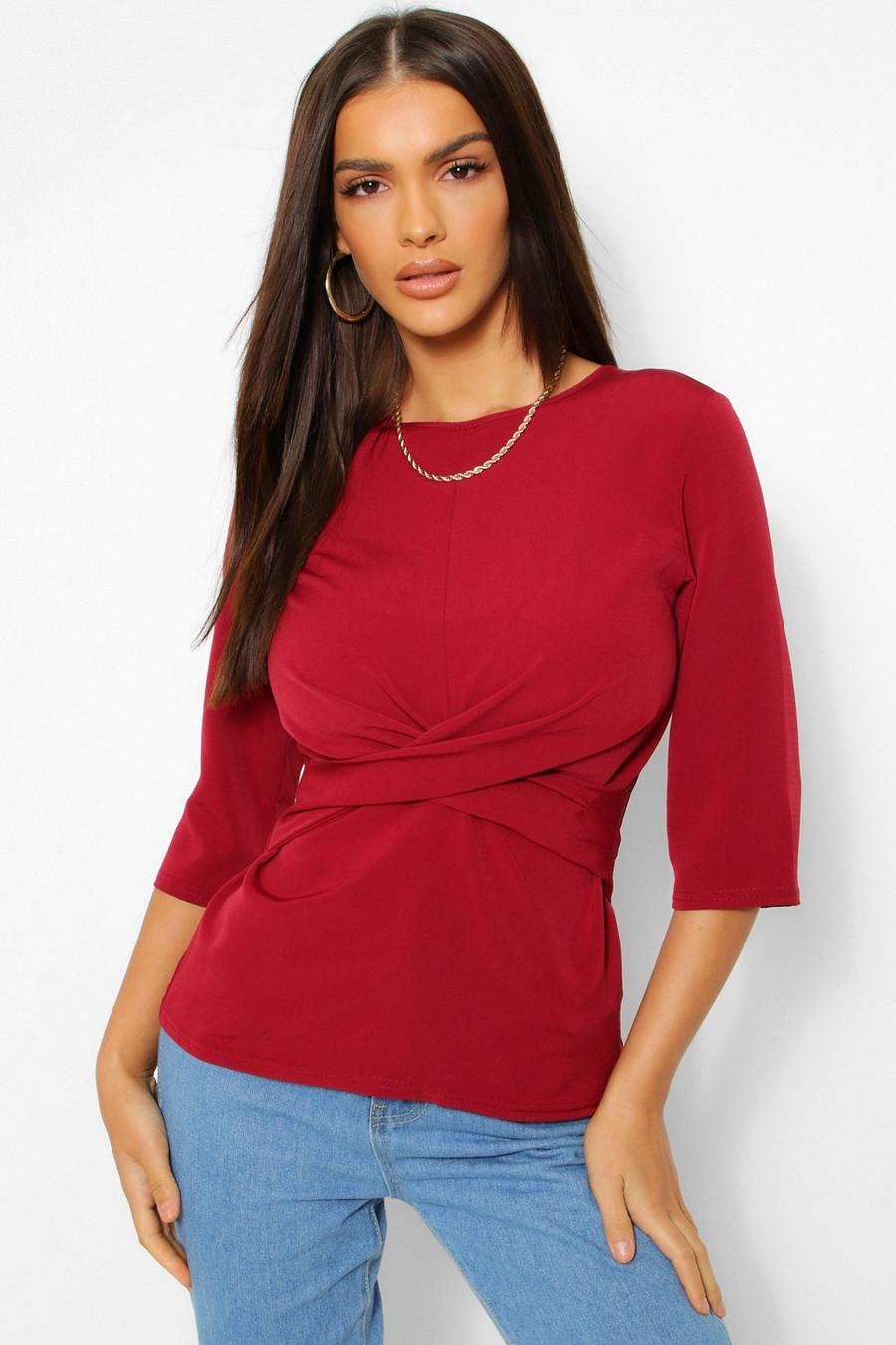 Berry Woven 3/4 Sleeve Twist Front Blouse image number 1