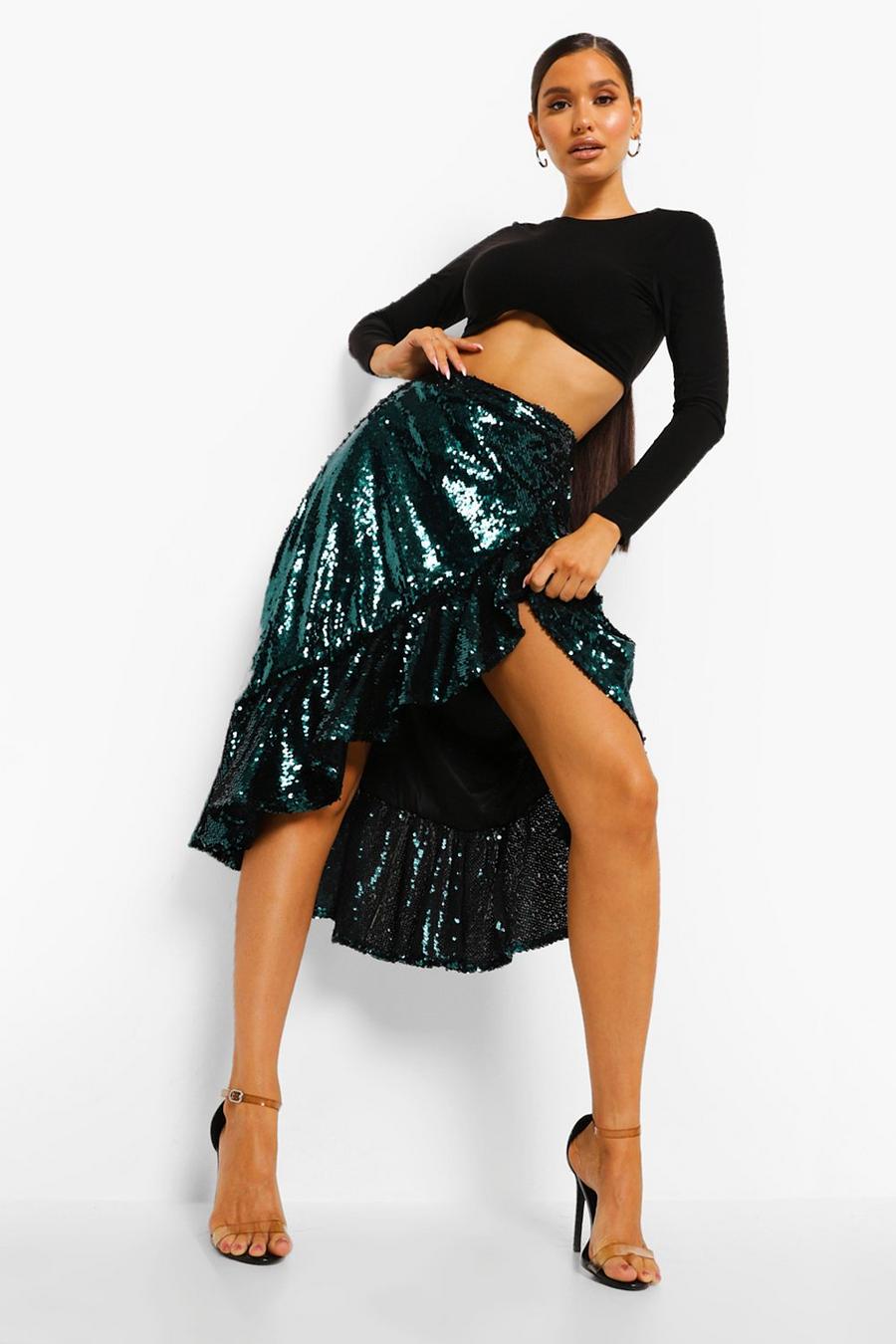 Emerald Shiny Sequin Ruffle Hem Midi Skirt image number 1