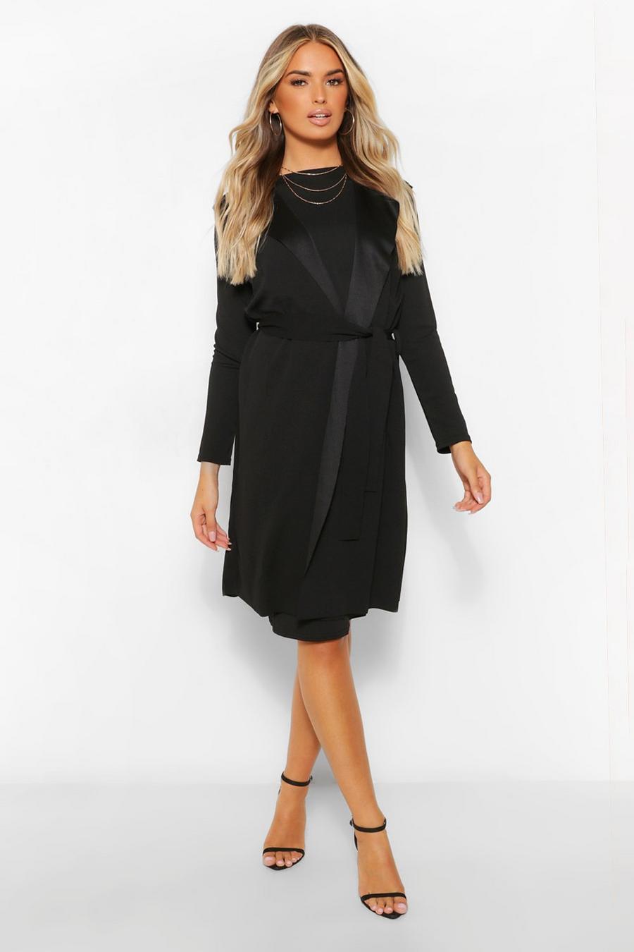 Black Sleeveless Belted Duster and Midi Dress Set image number 1