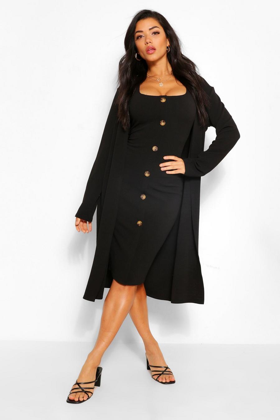 Black Collarless Duster and Button Through Midi Dress Set image number 1