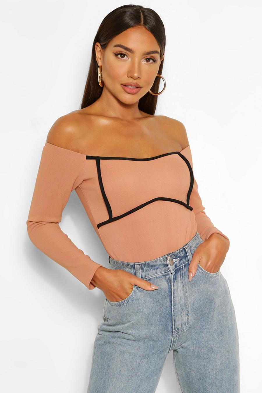 Mocha Bandage Rib Off The Shoulder Contrast Bodysuit image number 1