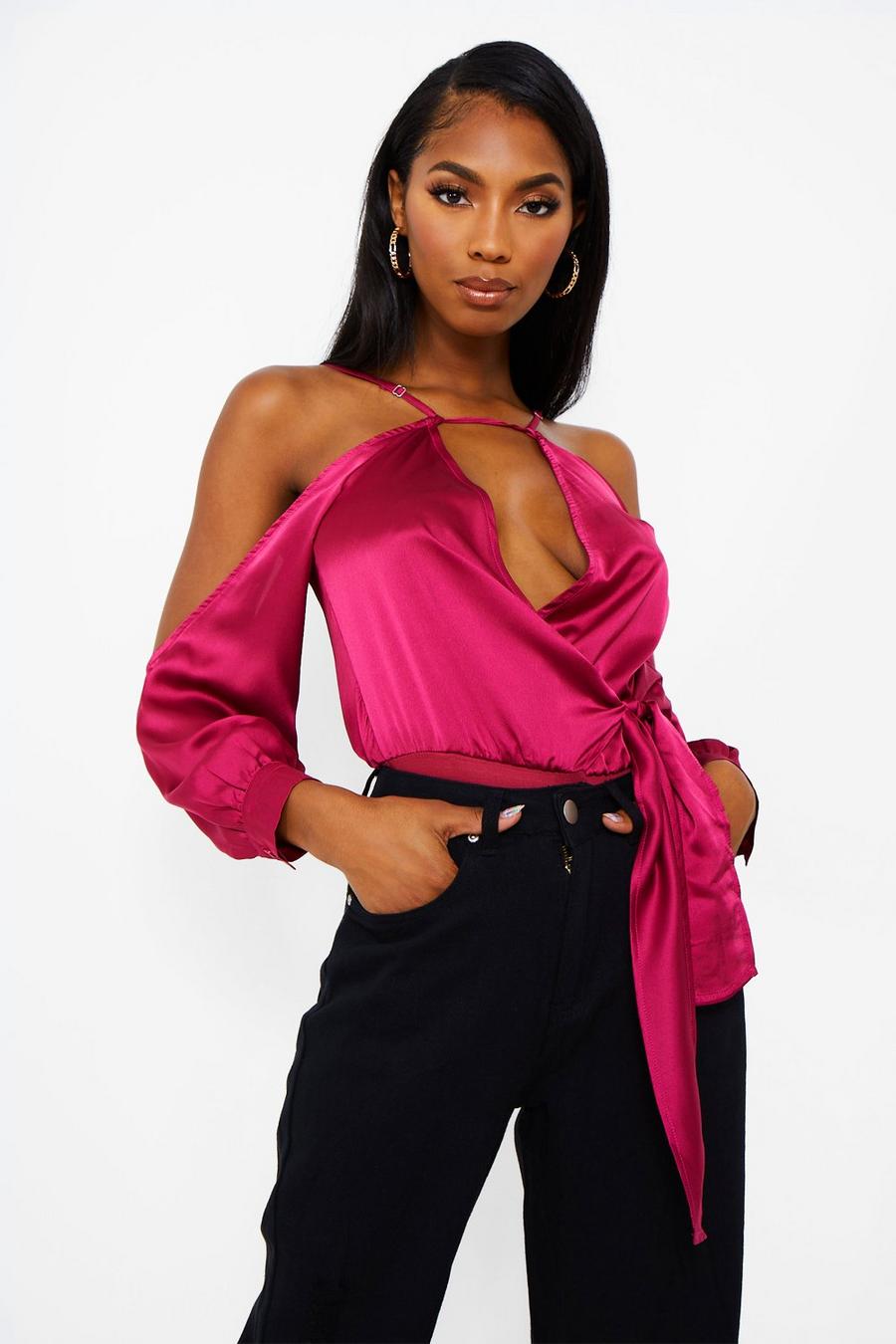 Hot pink Satin Cold Shoulder Bodysuit image number 1