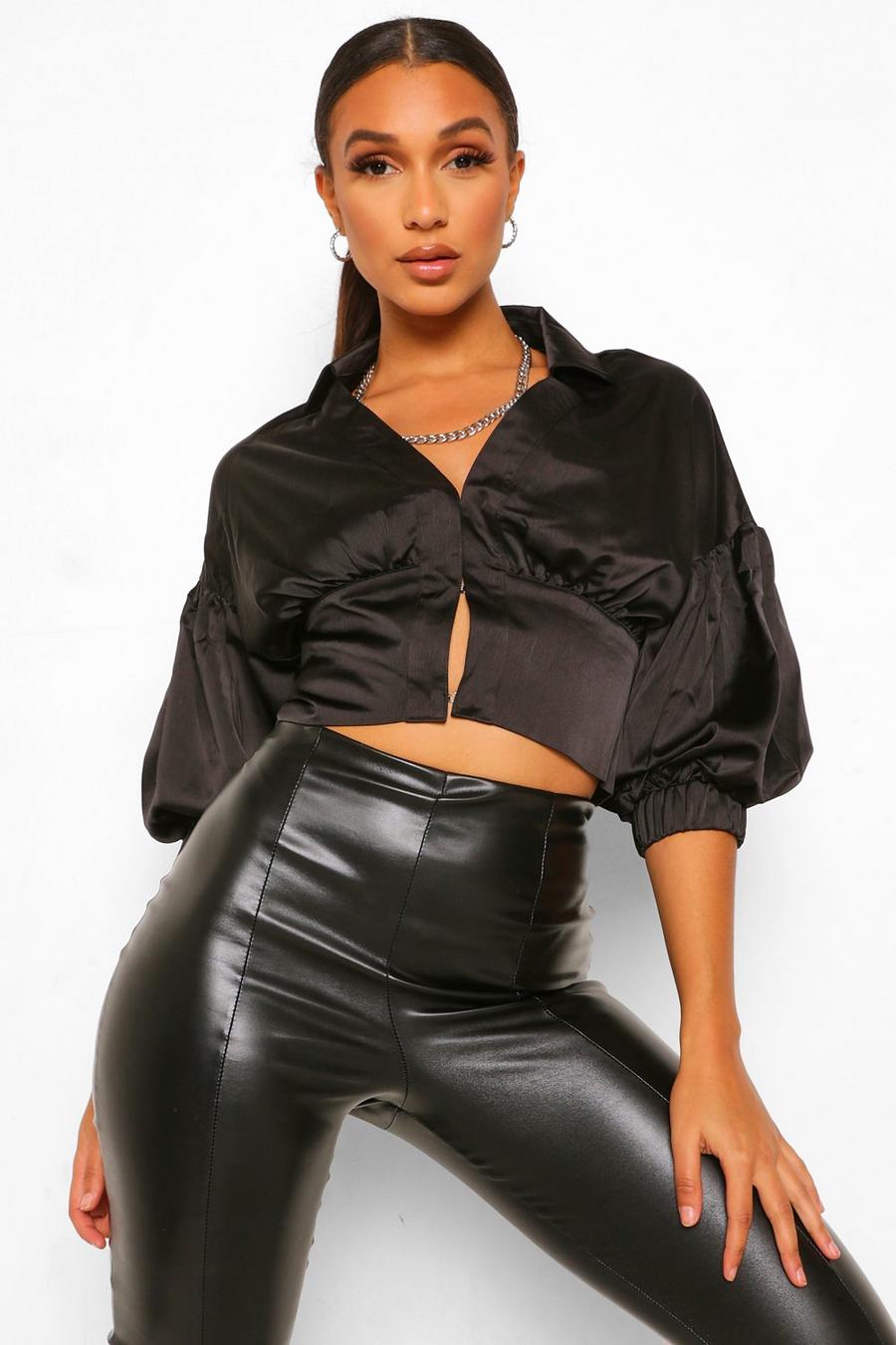 Black Woven Corset Style Puff Sleeve Shirt image number 1