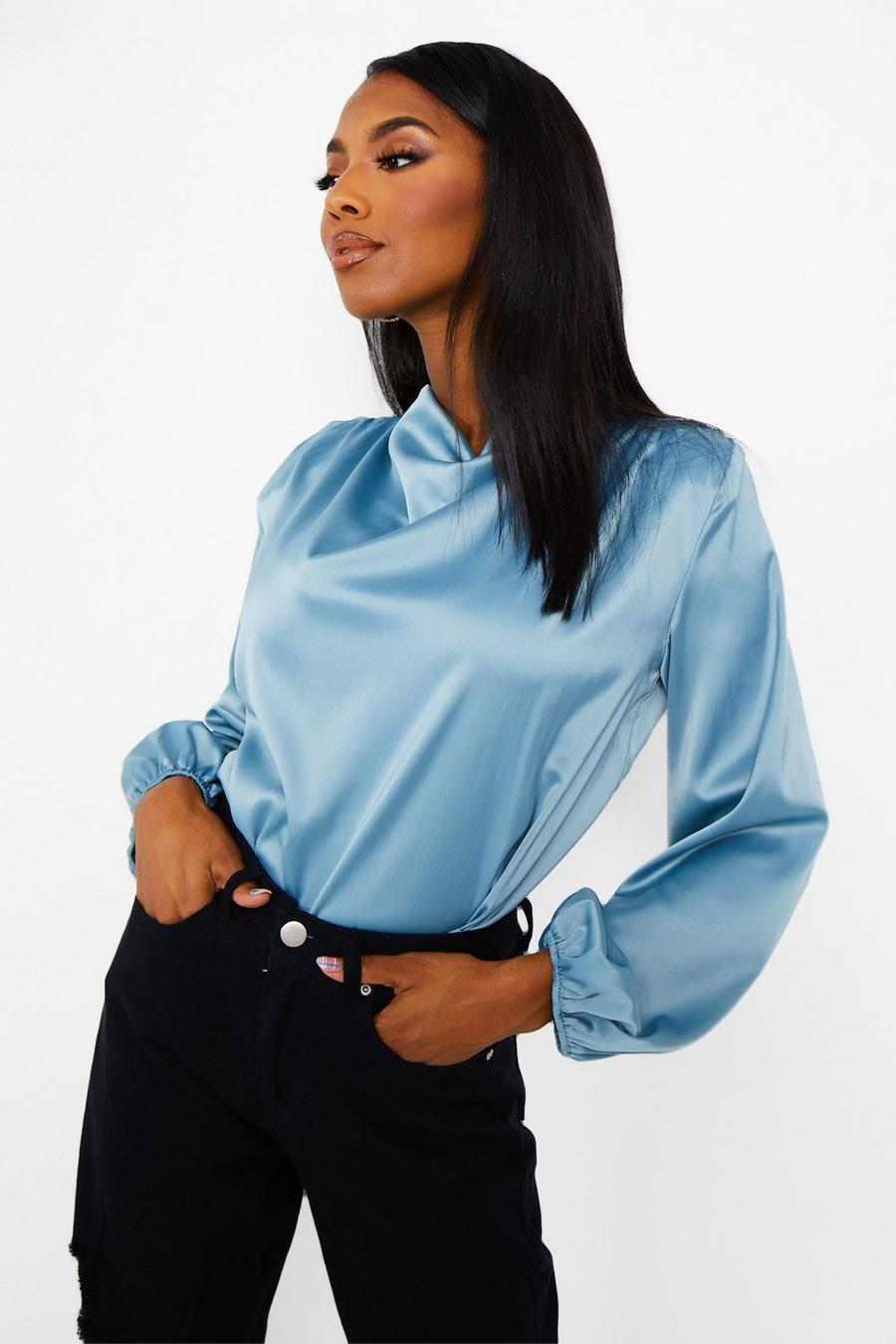 Teal Satin Shoulder Pad Cowl Neck Blouse image number 1