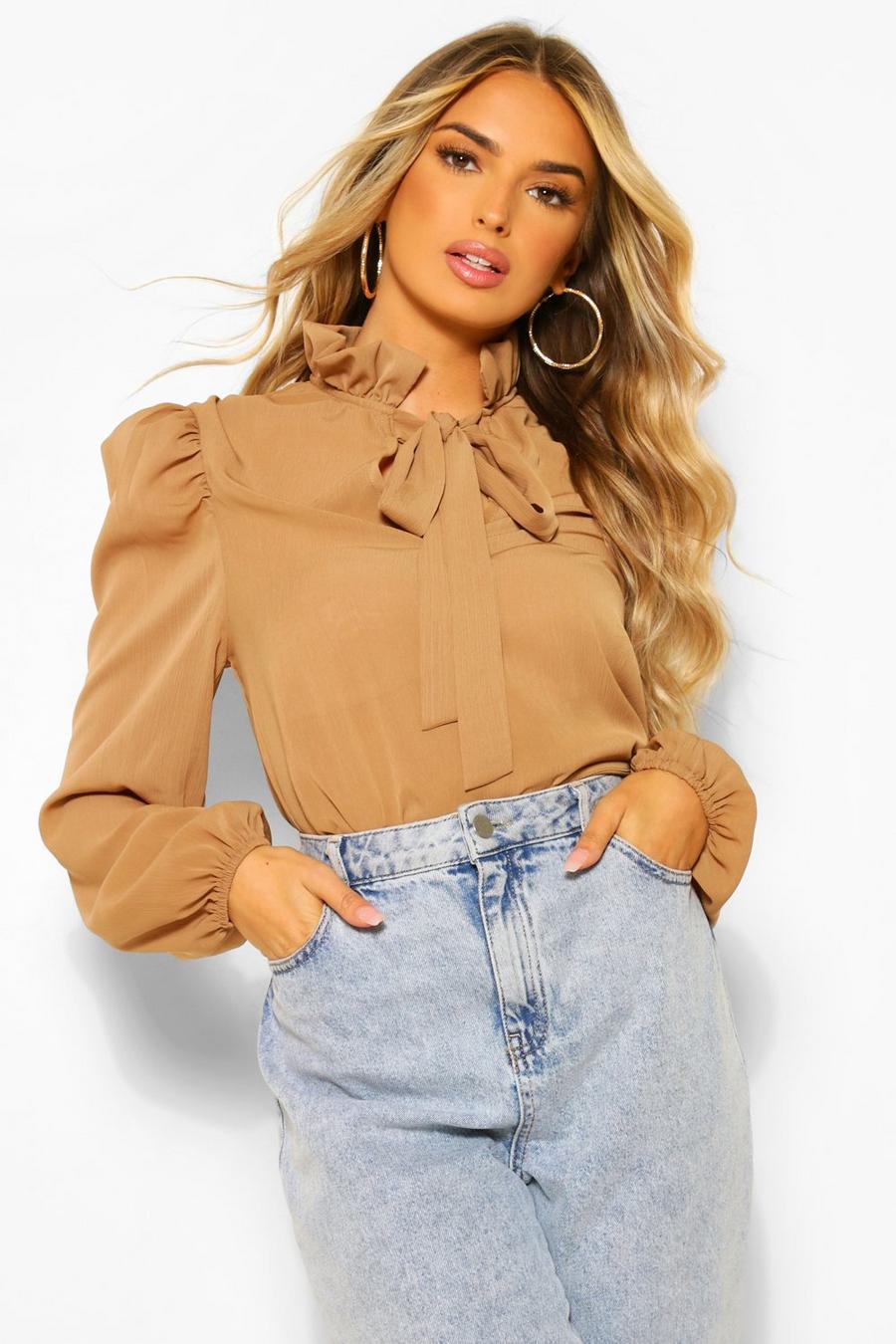 Stone beige Chiffon Shoulder Pad Detail Pussybow Blouse