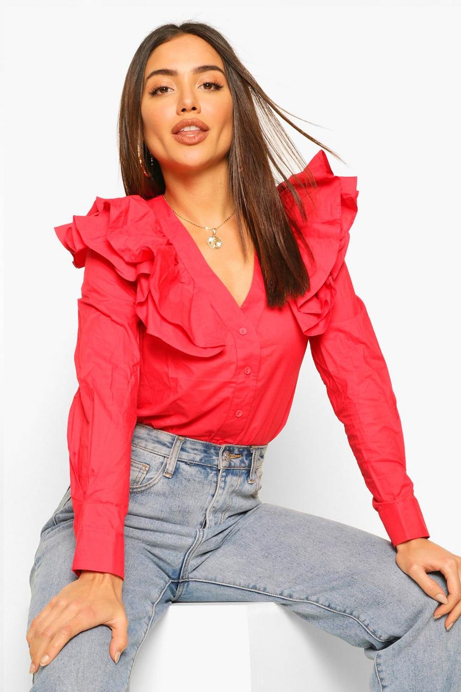 Red Woven Ruffle Long Sleeve Blouse image number 1