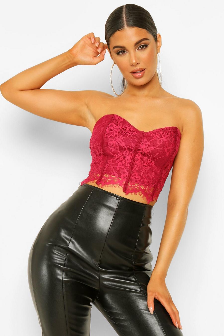 Raspberry Lace Bandeau Panelled CropTop image number 1