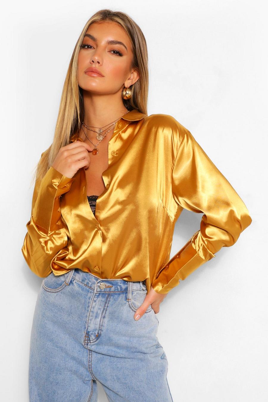 Gold Satin Oversized Cuff Shirt image number 1