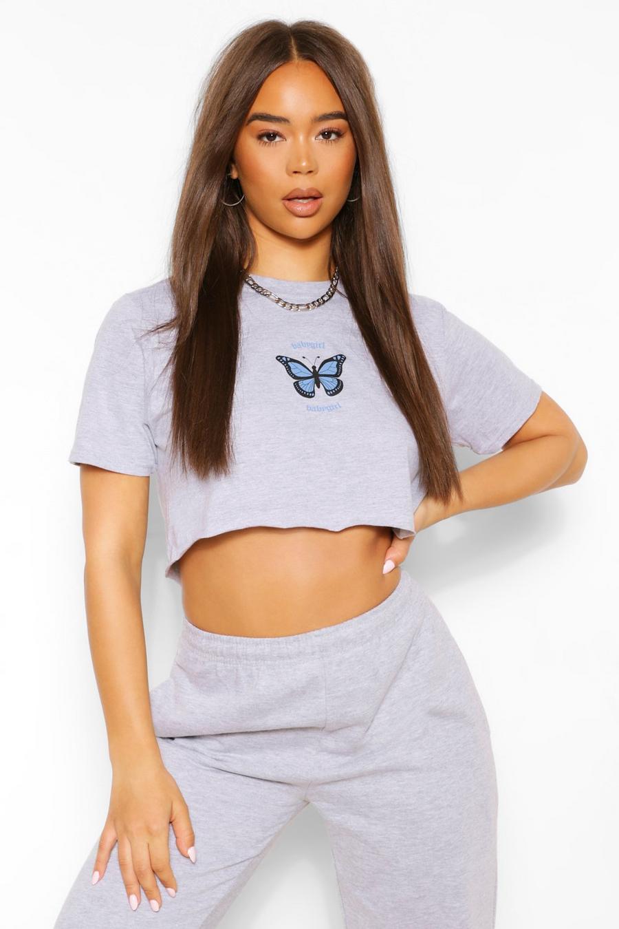 Grey 'Babygirl' Slogan Butterfly Detail Crop T-Shirt image number 1