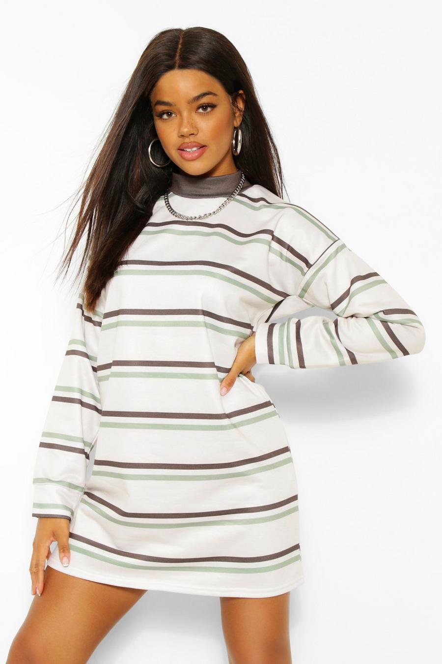 Ecru Contrast Stripe Oversized Sweatshirt Dress image number 1