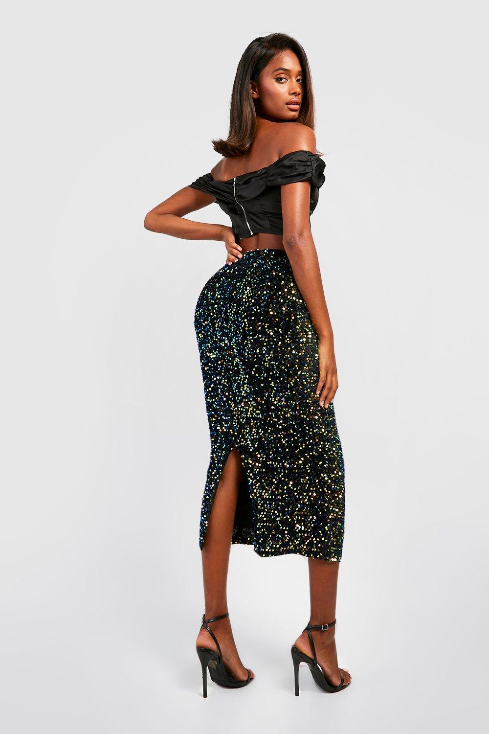 Black velvet glitter midi skirt hotsell
