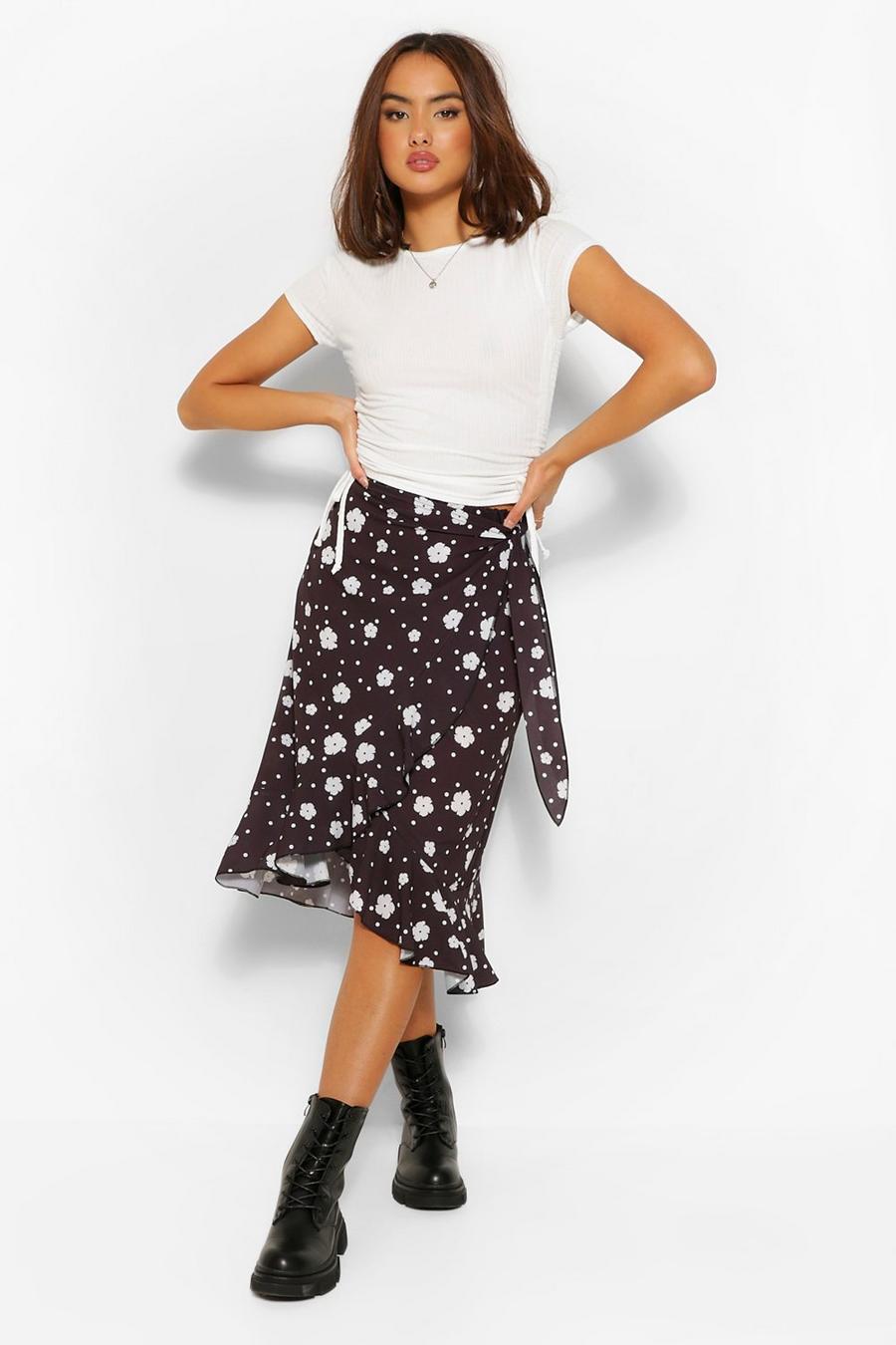 Black Floral Spot Ruffle Hem Midi Skirt image number 1