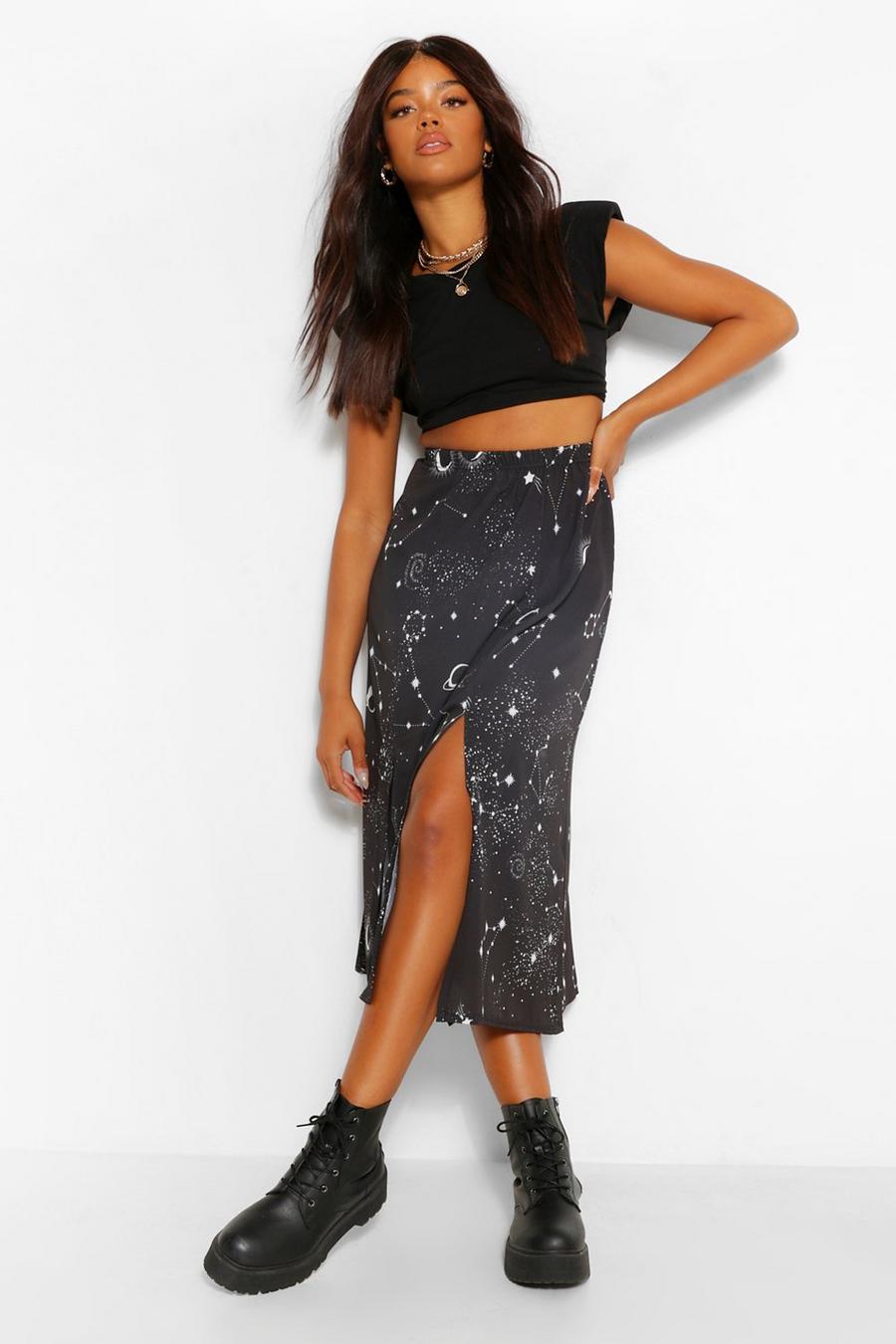 Black Constellation Split Front Woven Midi Skirt image number 1