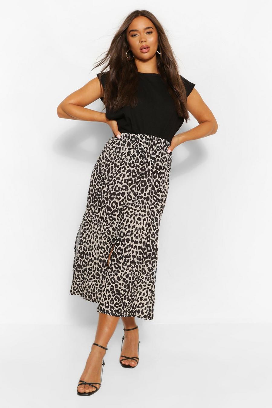 Cream Leopard Split Front Woven Midi Skirt image number 1