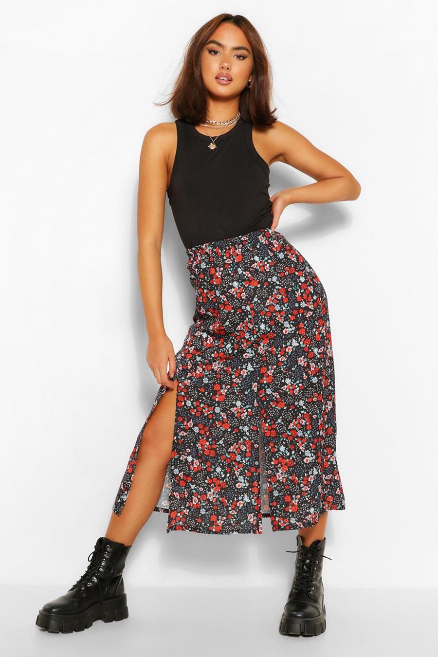 Black Ditsy Floral Split Front Woven Midi Skirt image number 1