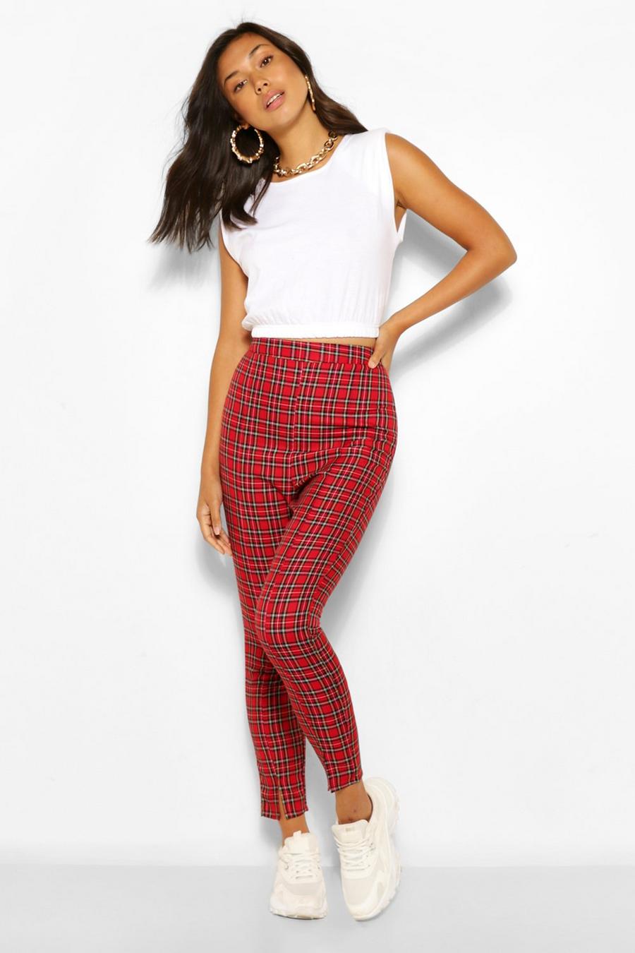 Red Checked Split Hem Woven Pants image number 1