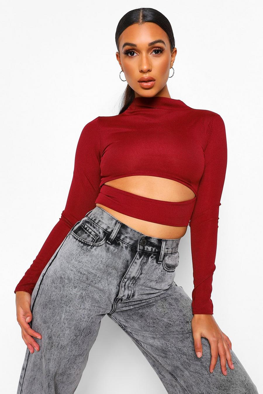 Berry High Neck Cut Out Detail Rib Crop Top image number 1