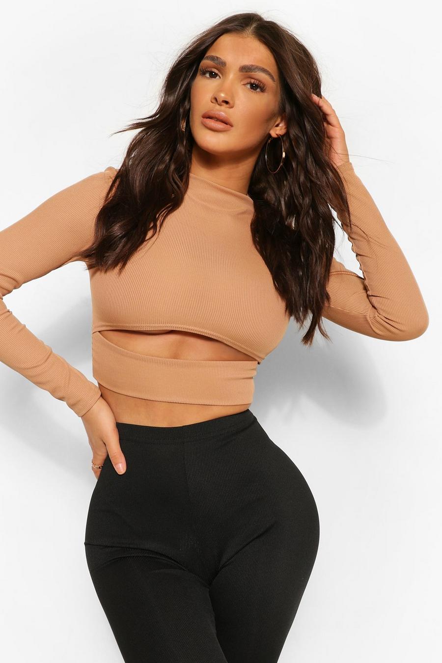 Camel High Neck Cut Out Detail Rib Crop Top image number 1