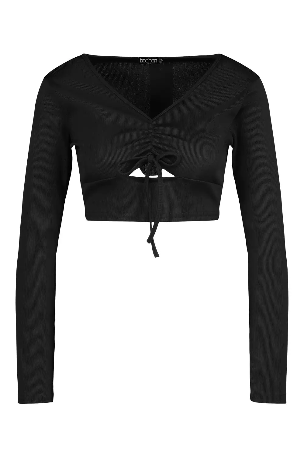 Black Drawstring Ruched Long Sleeve Rib Crop Top alternative image