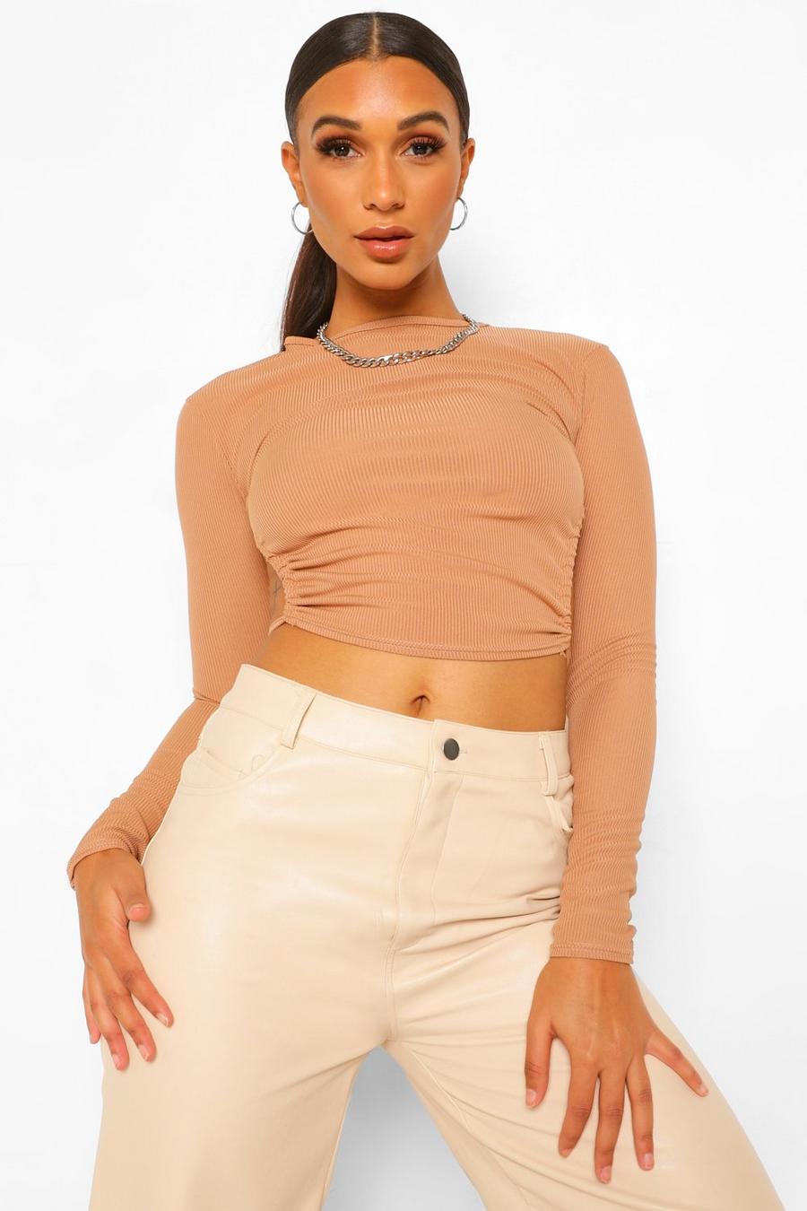 Camel Drawstring Open Back Rib Crop Top image number 1