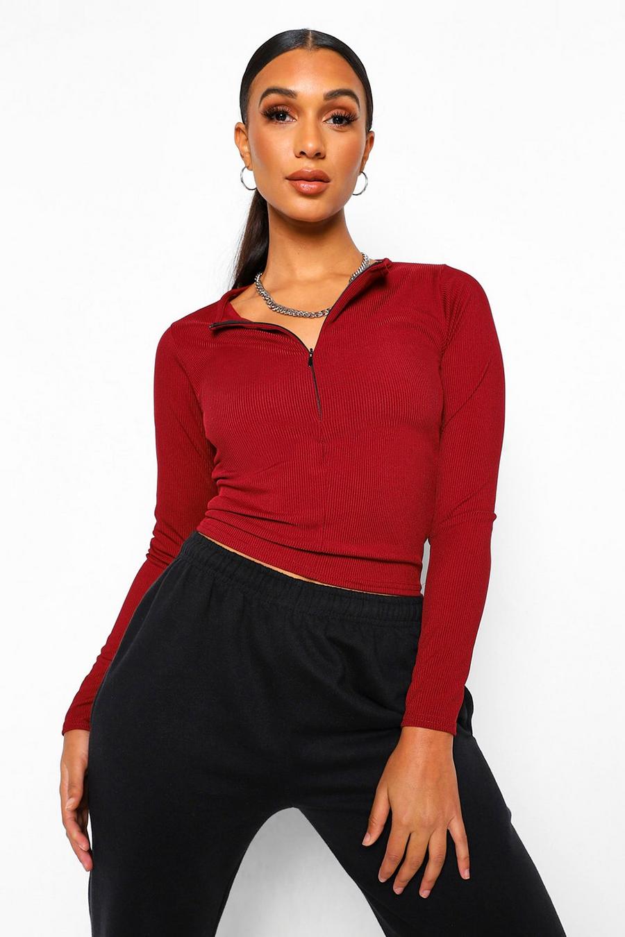 Berry Zip Front Long Sleeve Rib Top image number 1