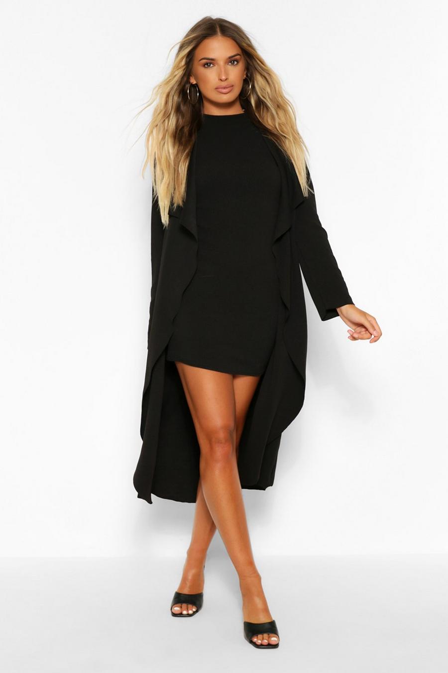 Black Waterfall Duster and High Neck Mini Dress Set image number 1