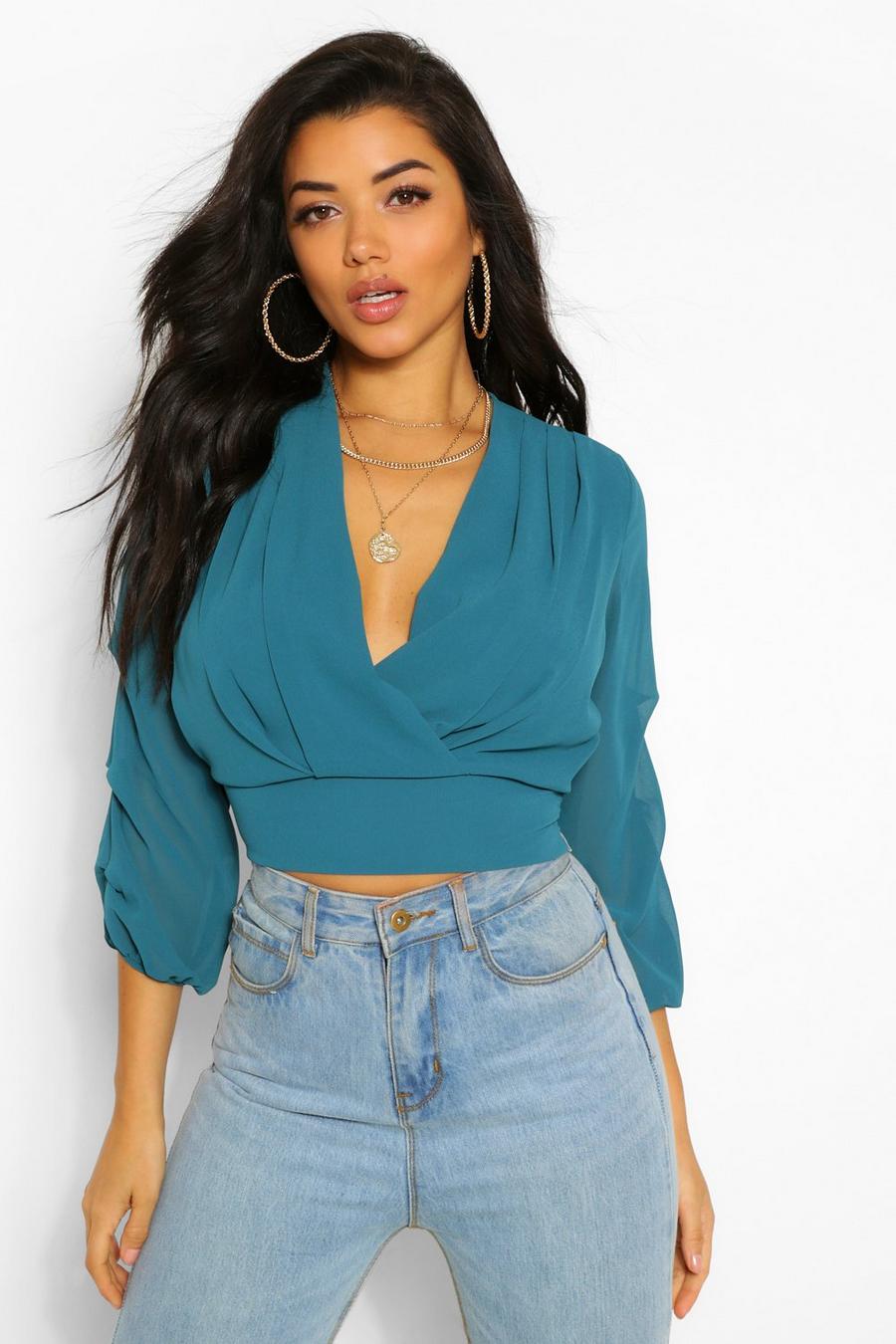 Teal Chiffon Wrap Front Shirred Waist Blouse image number 1