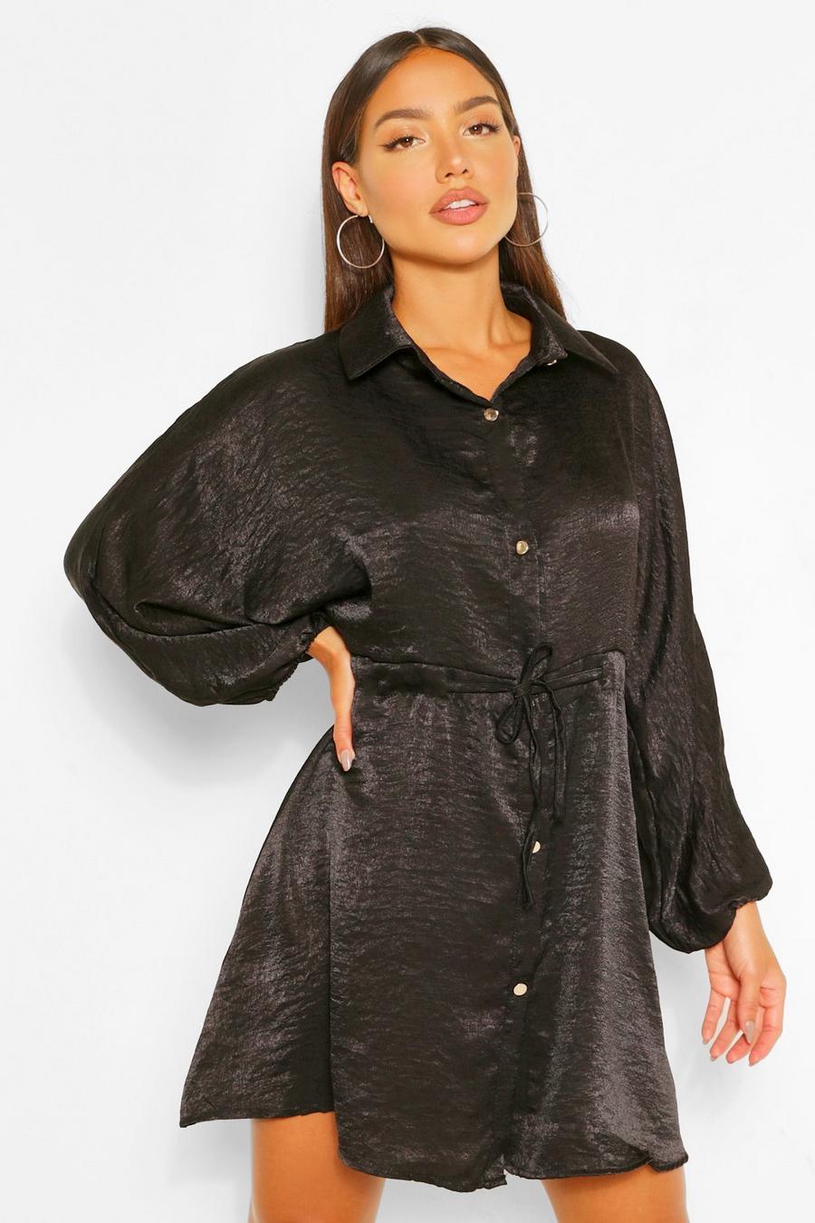 Black Hammered Satin Ruched Waist Shirt Dress image number 1