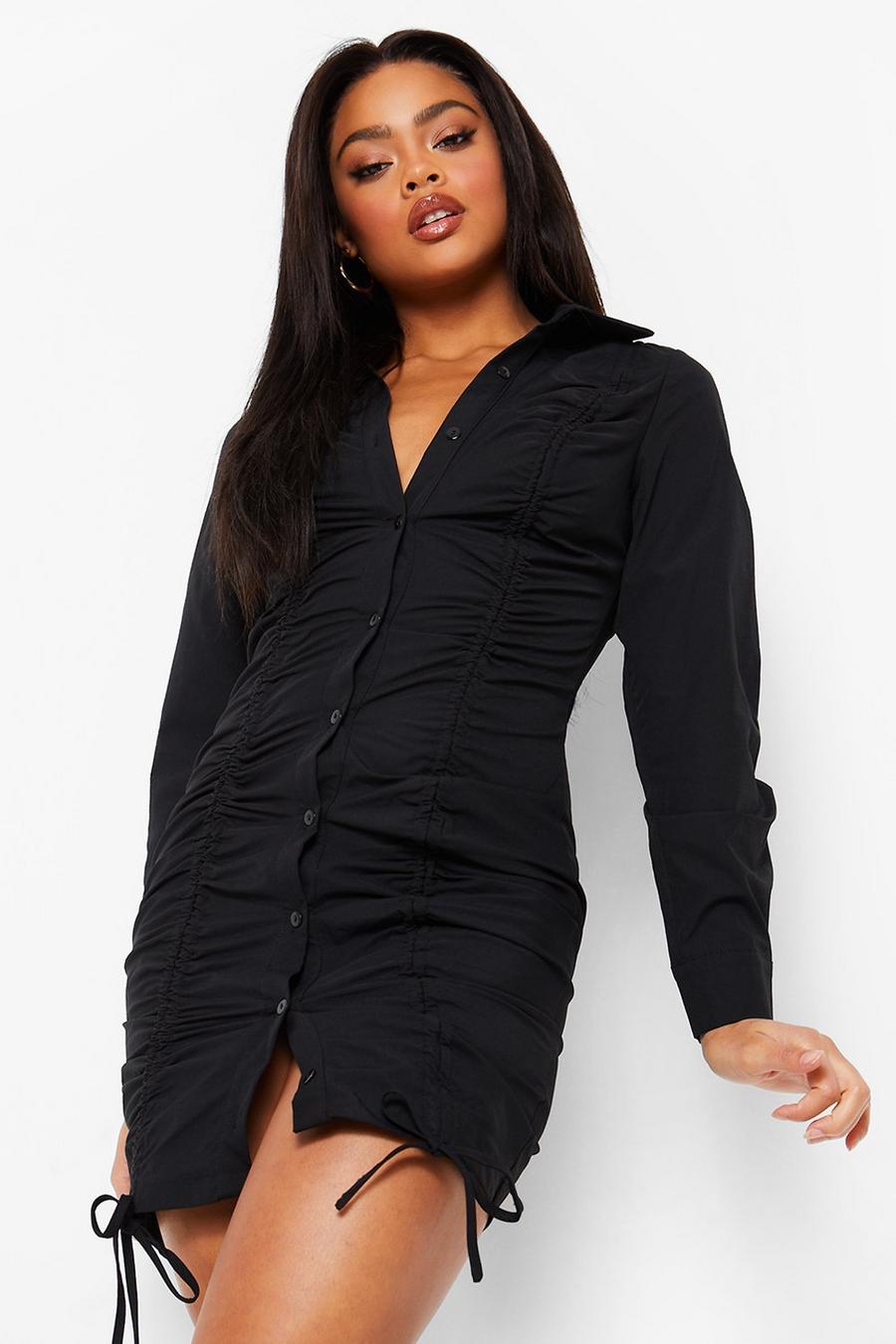 Black Ruched Long Sleeve Shirt Dress image number 1