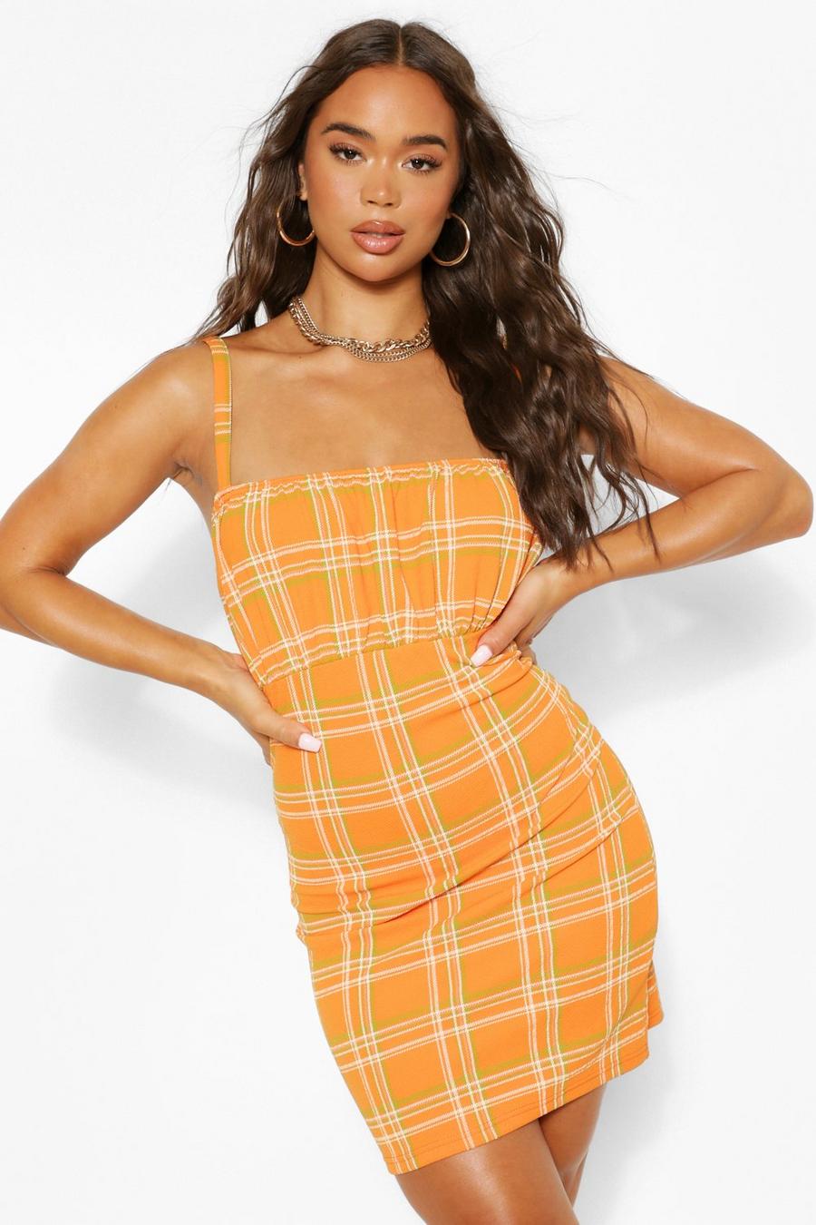 Kariertes Mini-Kleid mit geraffter Brust, Orange image number 1