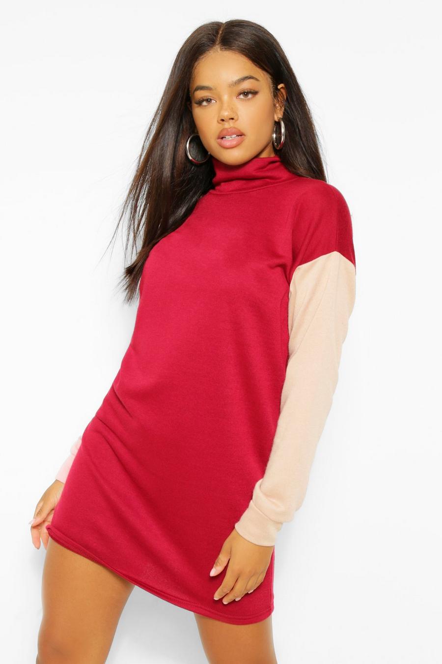 Berry Color Block High Neck Sweatshirt Dress image number 1