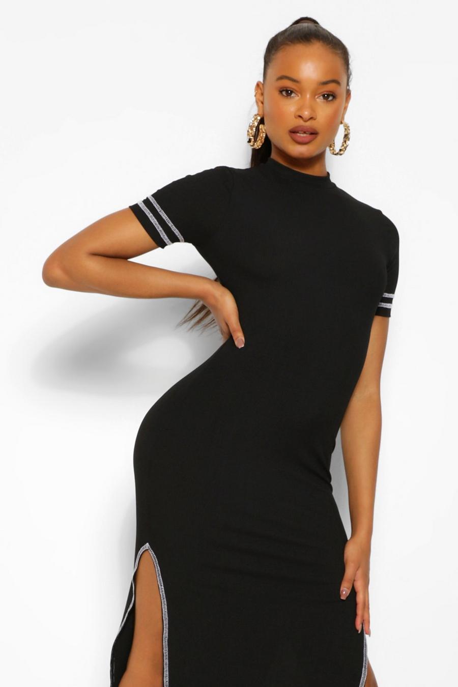 Black Contrast Stitch Cut Out Back Midaxi Dress image number 1