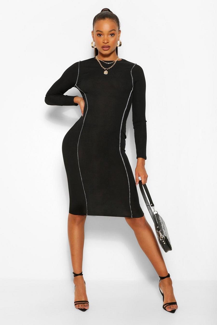 Black Contrast Stitch Rib Long Sleeve Midi Dress image number 1