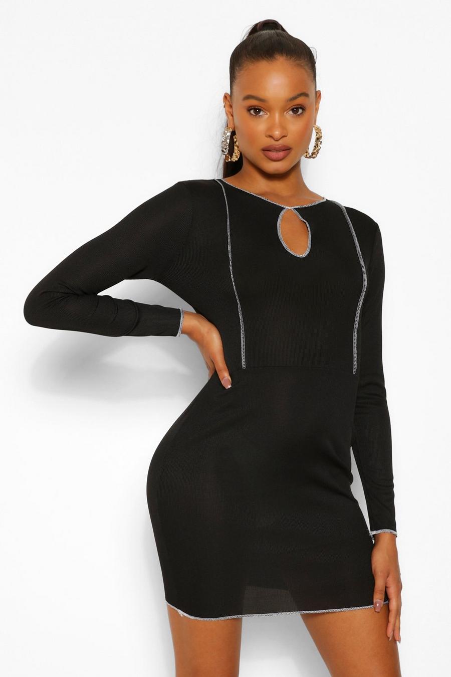 Geripptes Mini-Kleid mit Schlüssellochausschnitt und Kontrastnaht, Schwarz image number 1