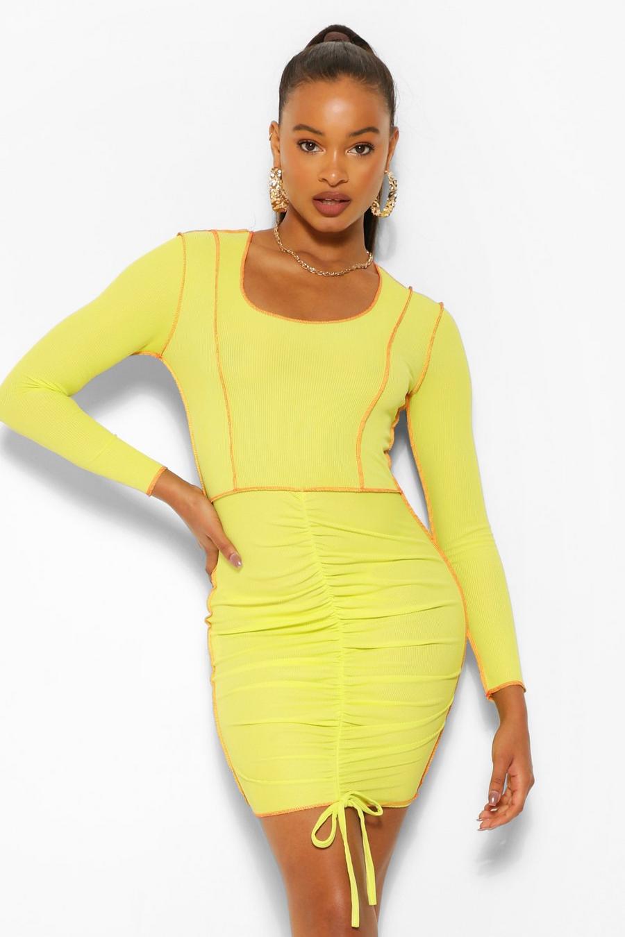 Lime Contrast Stitch Rib Rouched Front Mini Dress image number 1