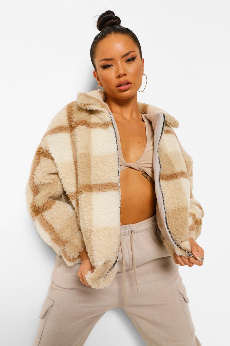 Stone Check Teddy Faux Fur Bomber Jacket image number 1