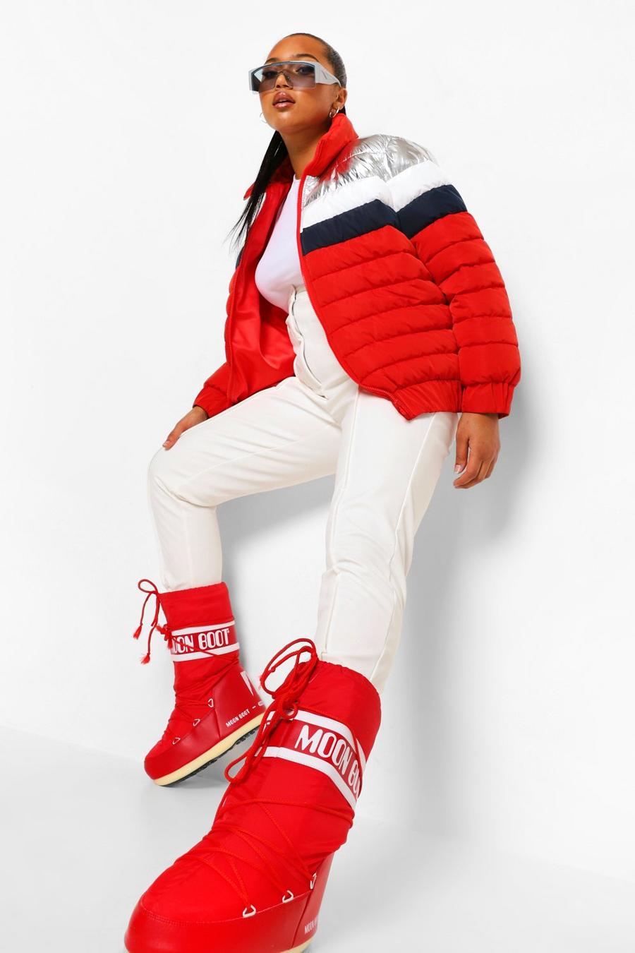 Red Plus Colour Block Funnel Neck Apres Ski Jacket image number 1