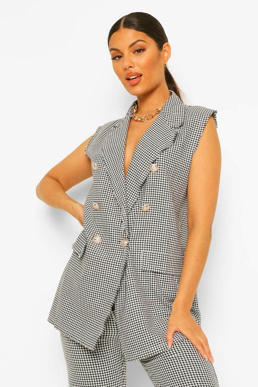Black Dogtooth Button Detail Sleeveless Vest image number 1