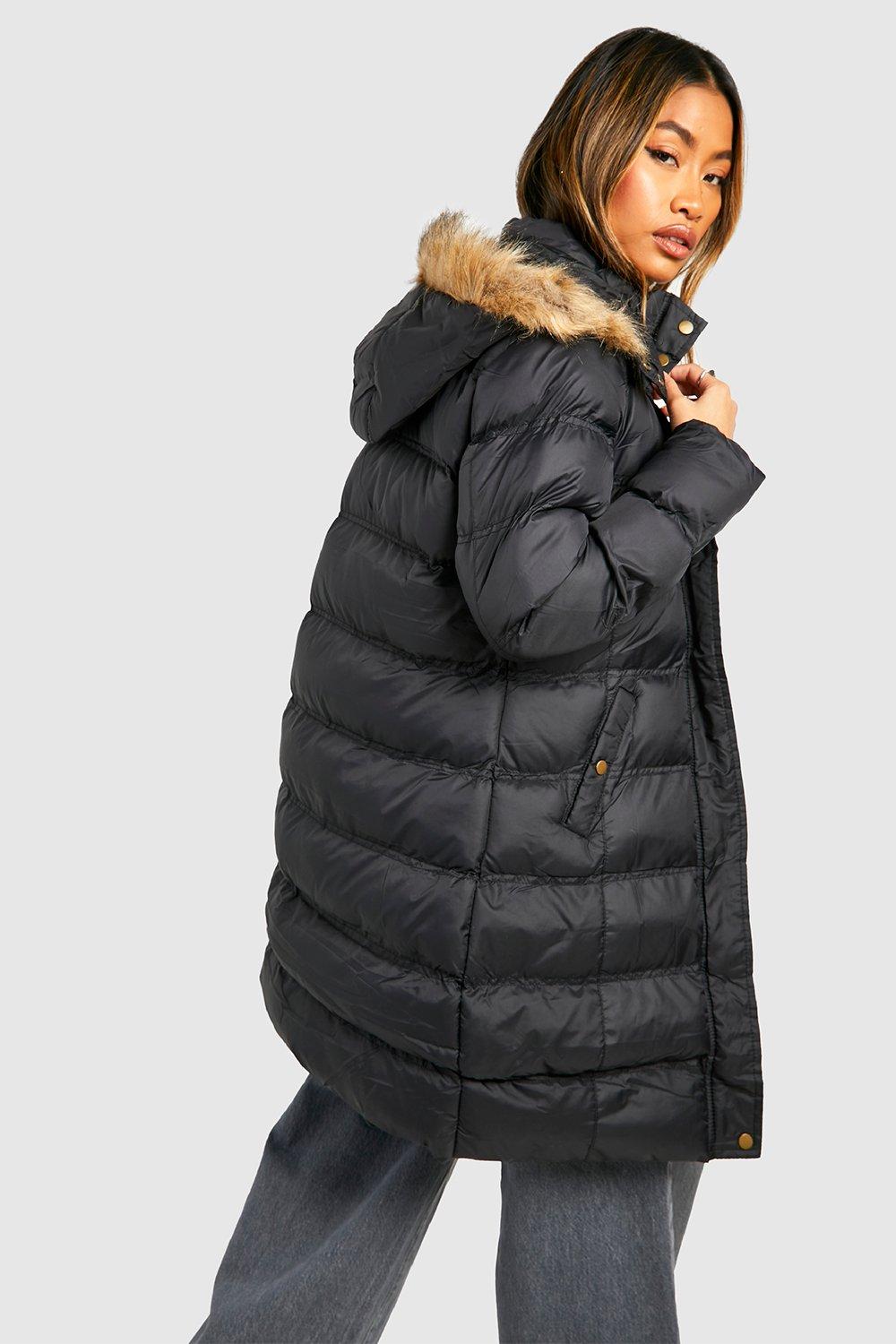 Black padded faux outlet fur hooded coat