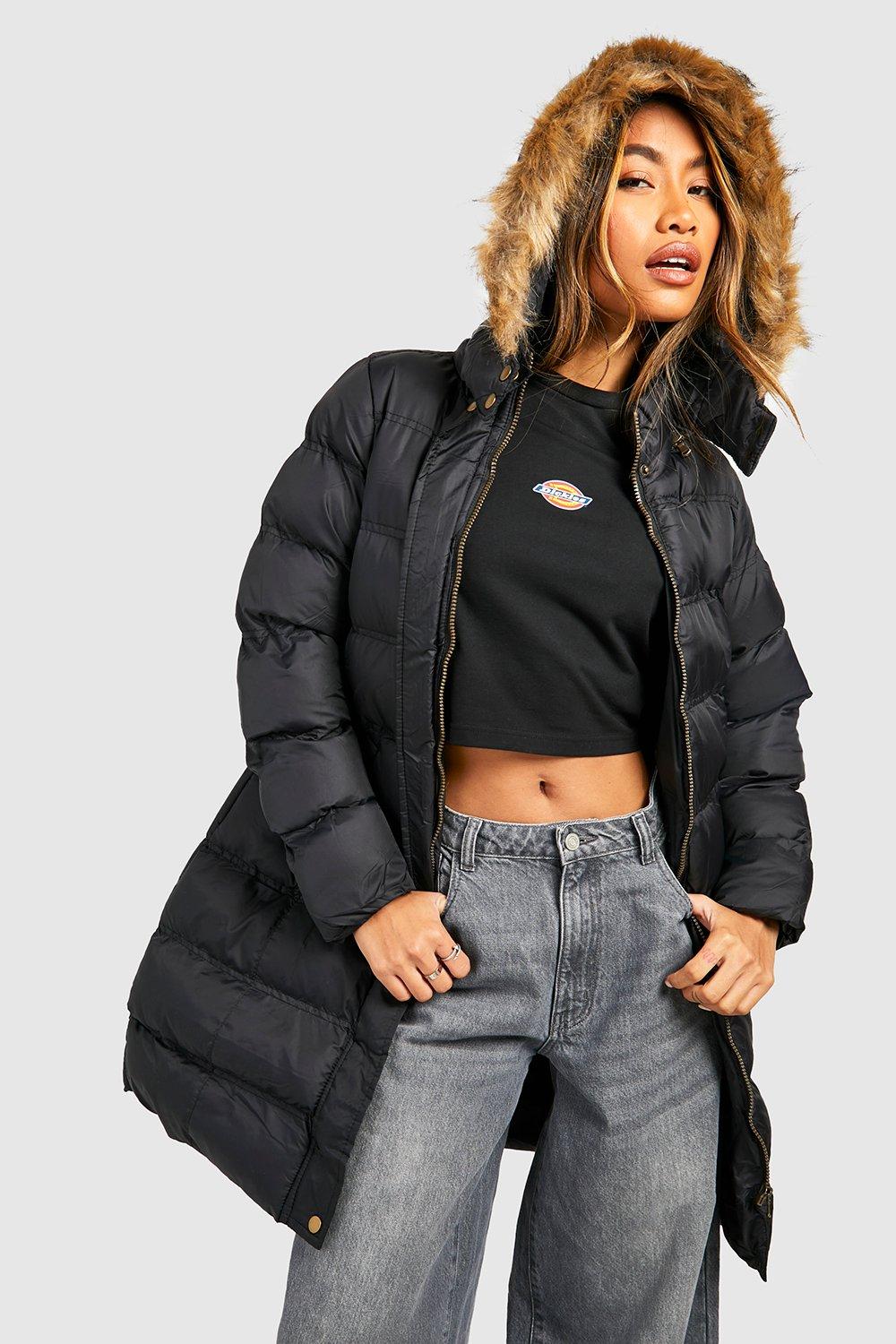 Boohoo padded coat with fur trim and waist hotsell detail in black