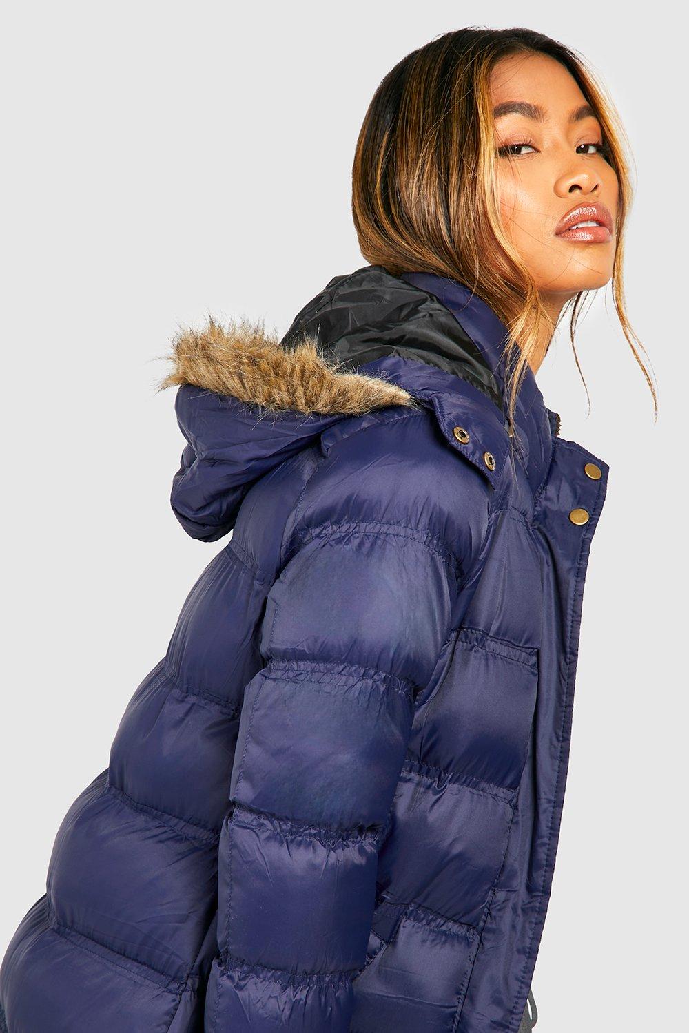 Navy blue jacket with cheap fur hood