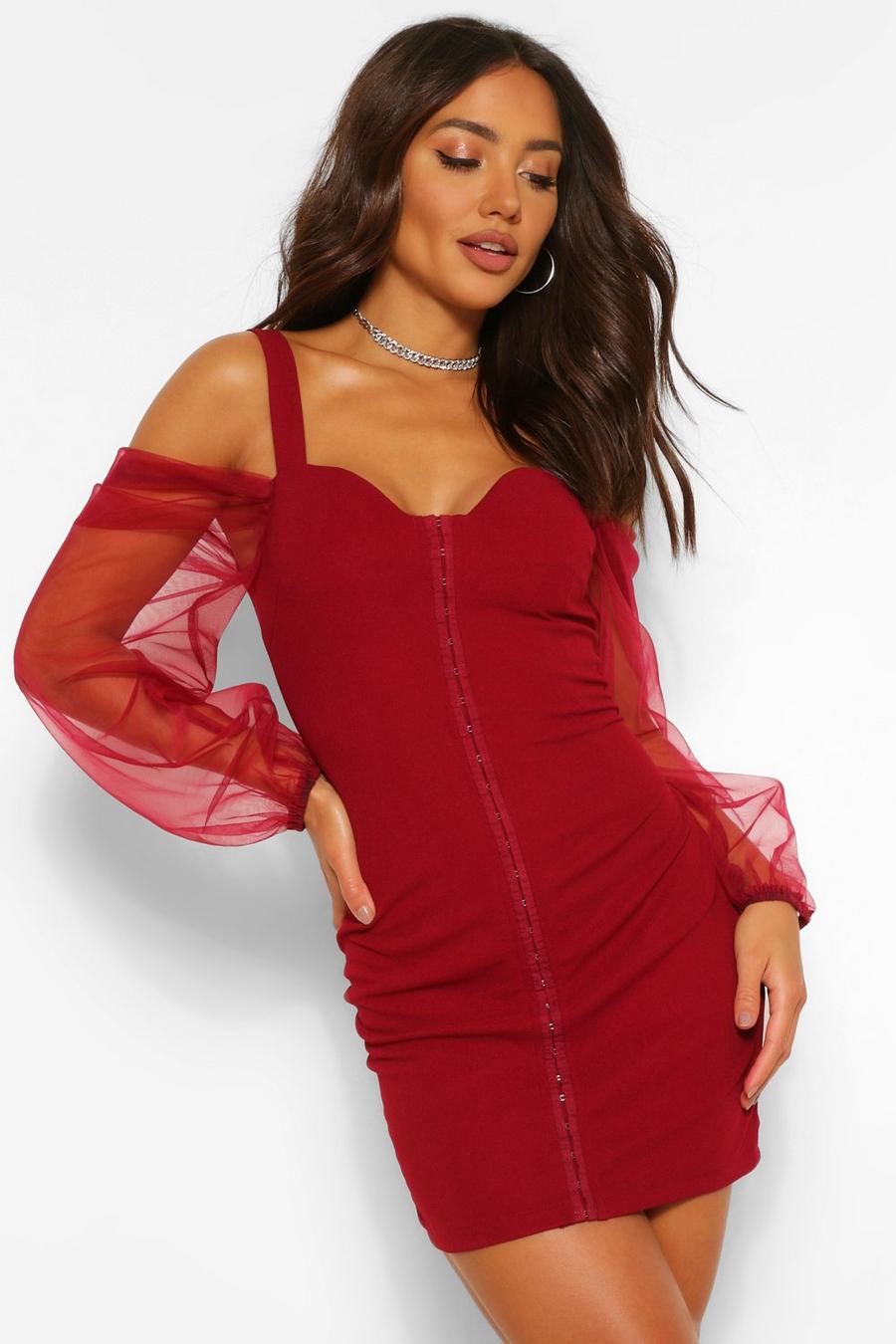 Berry Mesh Sleeve Cold Shoulder Mini Dress image number 1