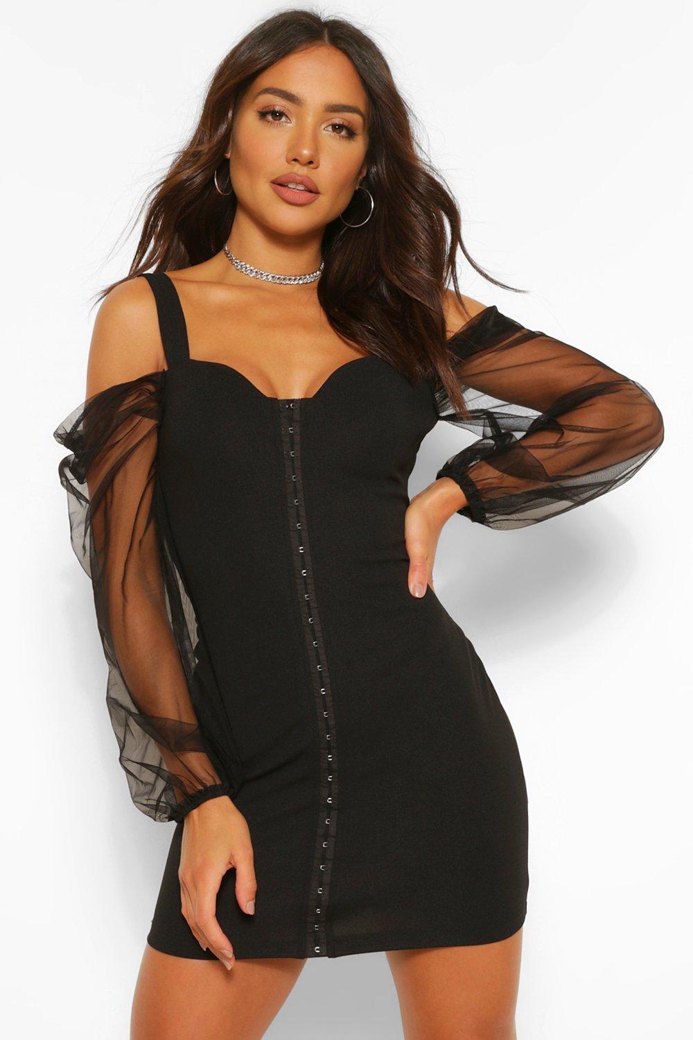 black cold shoulder mini dress