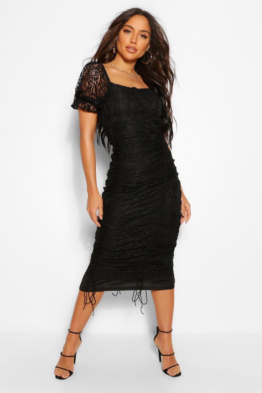 Black Lace Ruched Midi Dress image number 1