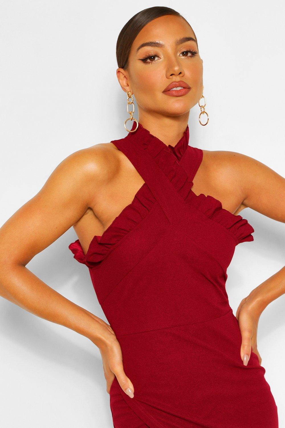 Boohoo red shop frill dress