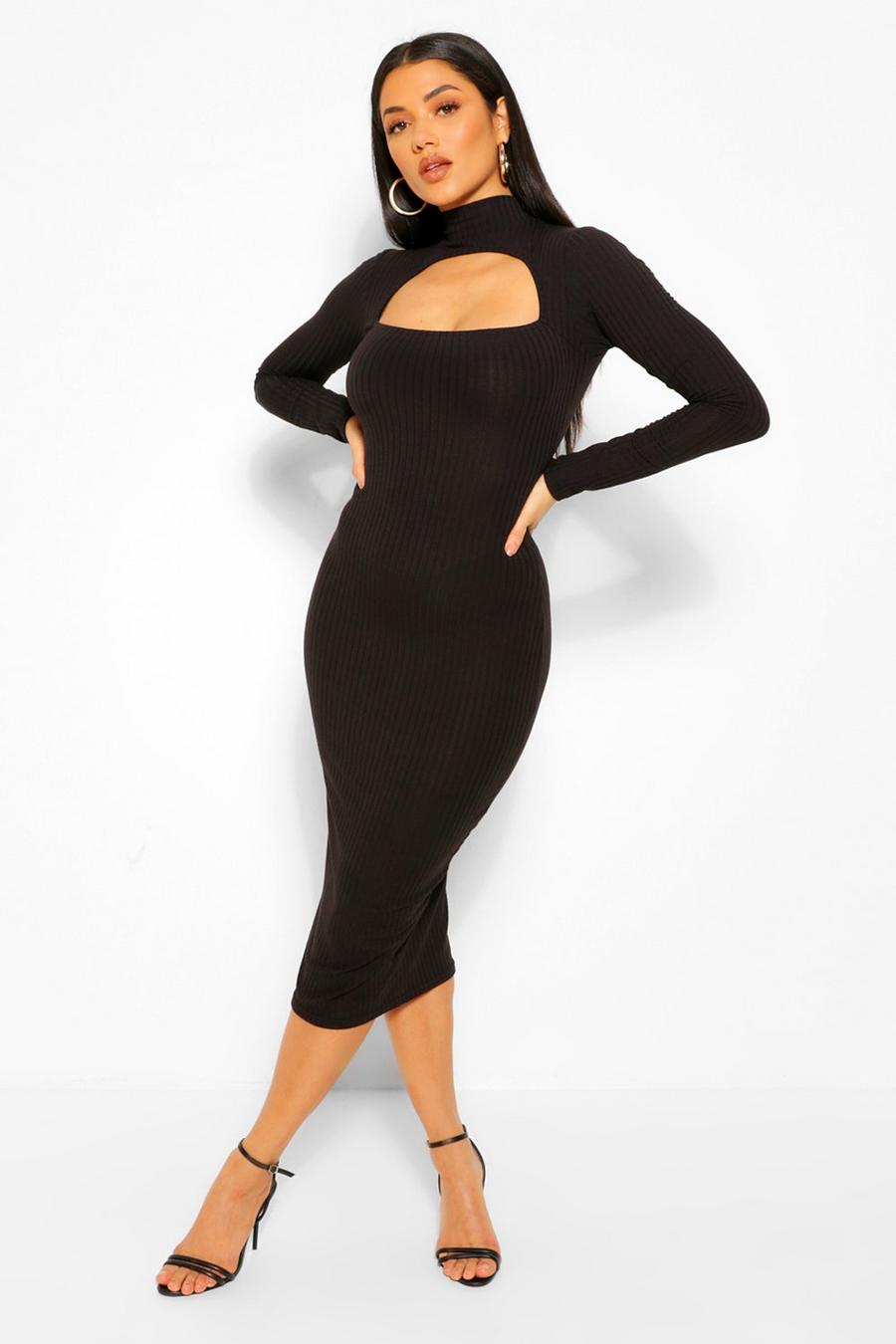 Black Rib Cut Out Long Sleeve Midi Dress image number 1